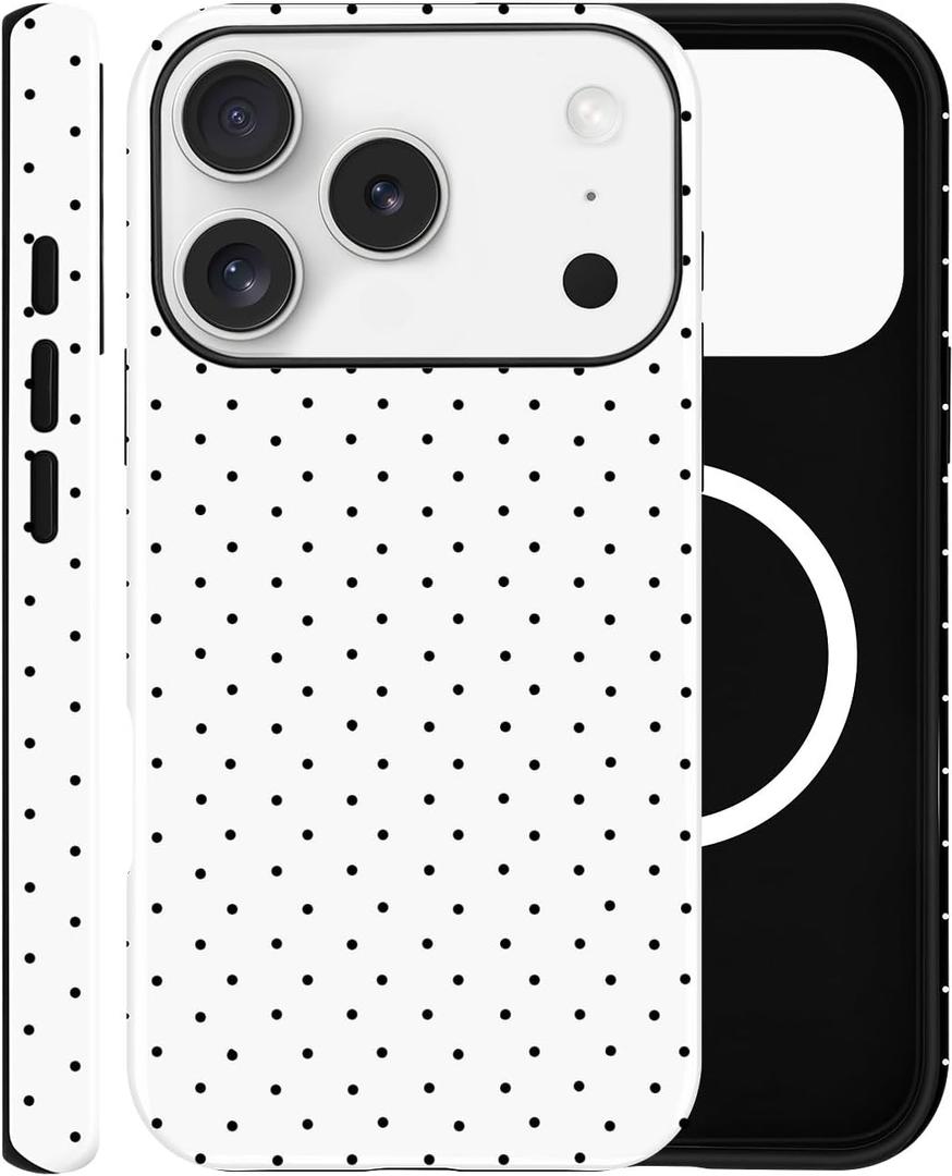 Magnetic Case for iPhone 17 Pro, Compatible with MagSafe, Aesthetic Polka Dot Cute Design for Women, Hybrid 2-Layer Hard Shell Phone Cover, White