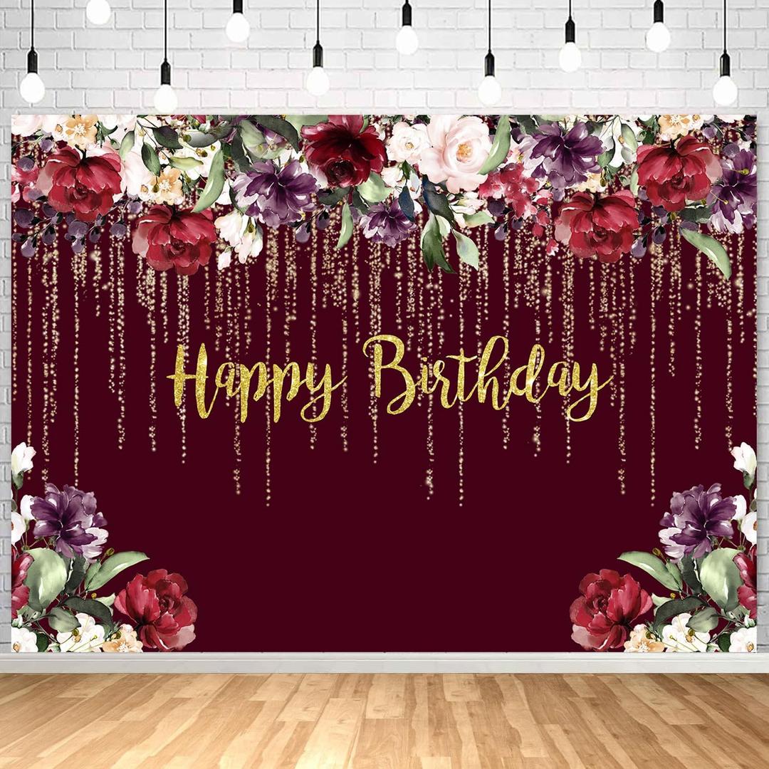 Withu Burgundy Red Birthday Backdrop for Women Gold Glitter Dots Floral Flowers Wall Cake Table Decorations Banner Theme Bday Party Photo Photography Background 7x5ft