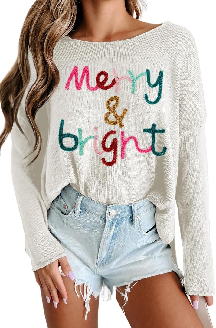 CURBODO Womens Fashion 2026 Champagne Please Graphic Long Sleeve Pullover Sweater Loose Crewneck Knitted Sweatshirt Tops (Small, Z-merry and Bright)