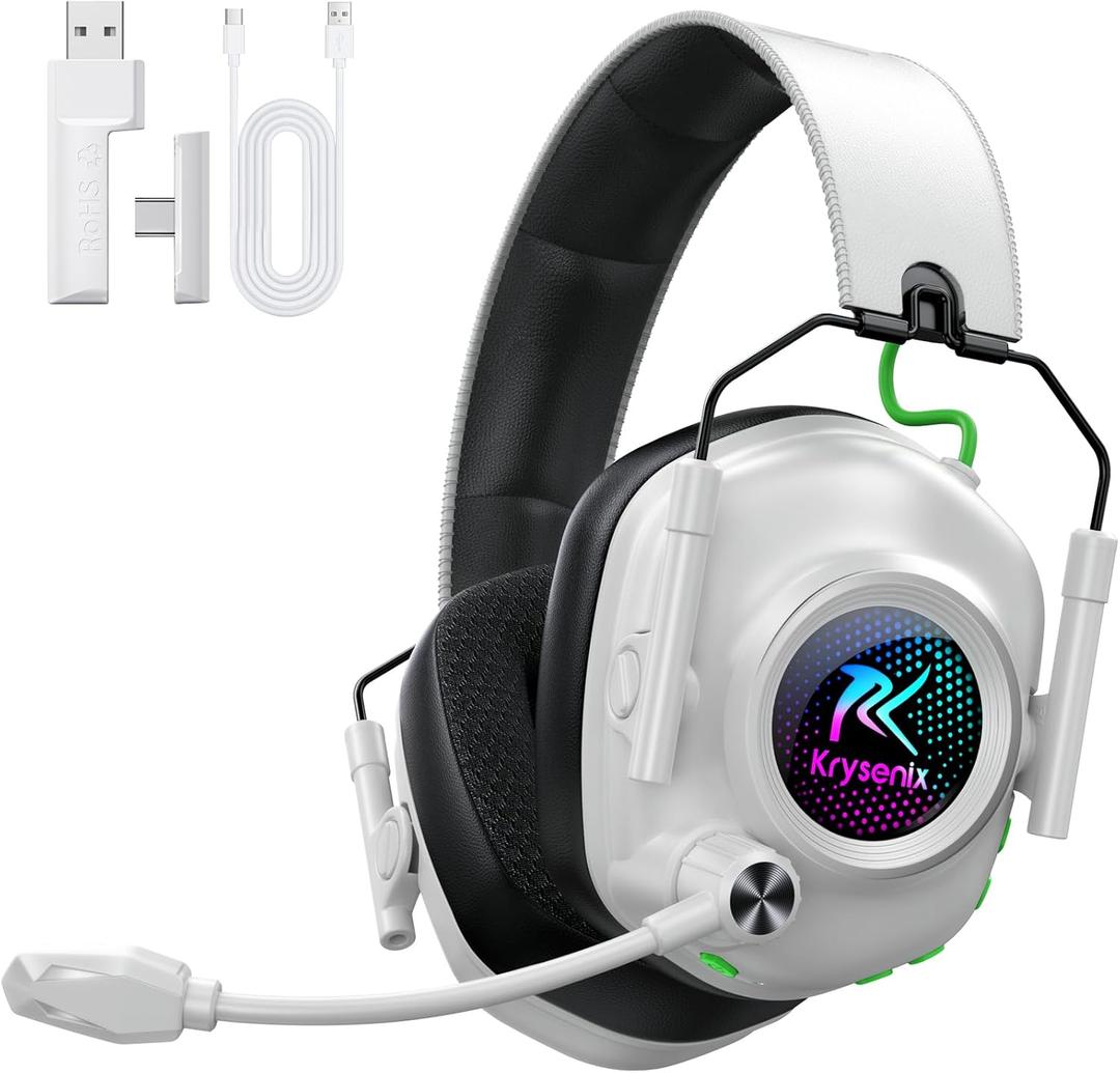 Krysenix Wireless Gaming Headset for PS5 & PC, 50mm Titanium Drivers, Low-Latency 2.4GHz & Bluetooth, Adjustable Noise-Cancelling Mic, Foldable RGB Over-Ear Headphones White
