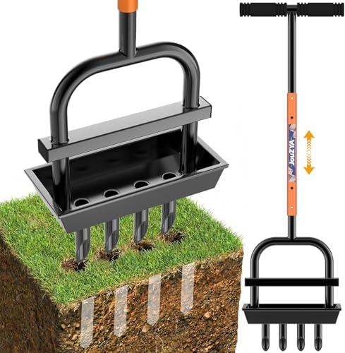 JouZYA Updated Lawn Aerator Tool with Soil Core Collection Tray, Lawn Core Aerator Lawn Tool with 4 Tines Manual Grass Aerator, Spike Lawn Coring Aerator for Yard Lawn Aeration Soil Loosening, Coral