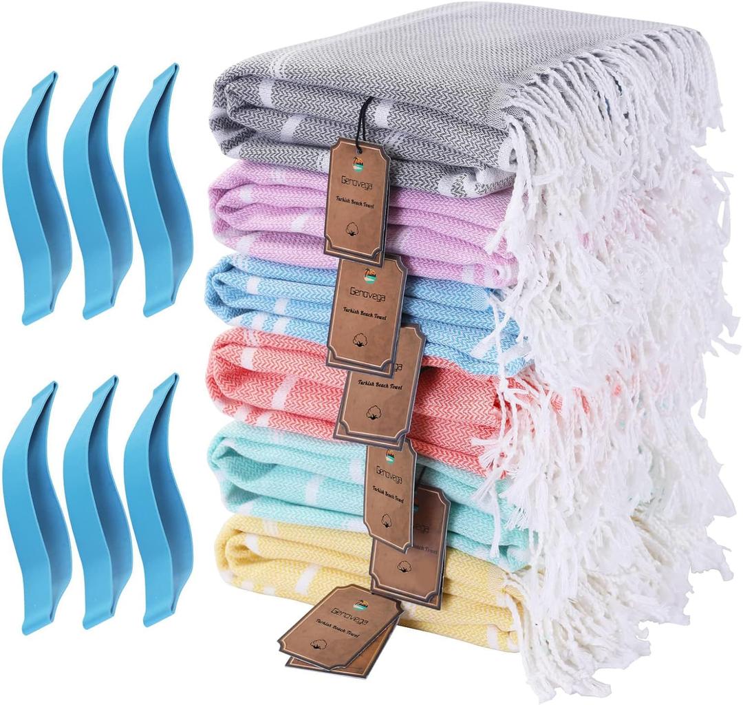 Genovega 6 Packs Cotton Turkish Beach Towels Set Bulk Oversized Extra Large Quick Dry Sand Free Bathroom Pool Swim Towel for Adult Travel Essentials Cruise Accessories Must Haves Clearance Multipack (Thinner Six Packs)