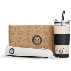Reusable 24 oz Boba Cup with Straw Set, Straw Cleaner, and Gift Box, Borosilicate Reusable Bubble Tea Cup (Black)