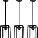 Matte Black Farmhouse Pendant Light Fixtures, Pendant Lights for Kitchen Island, Rectangle Linear Metal Hanging Lighting Fixture Ceiling Mount with Clear Glass Shade E26 Base for Dining Room, 3 Pack