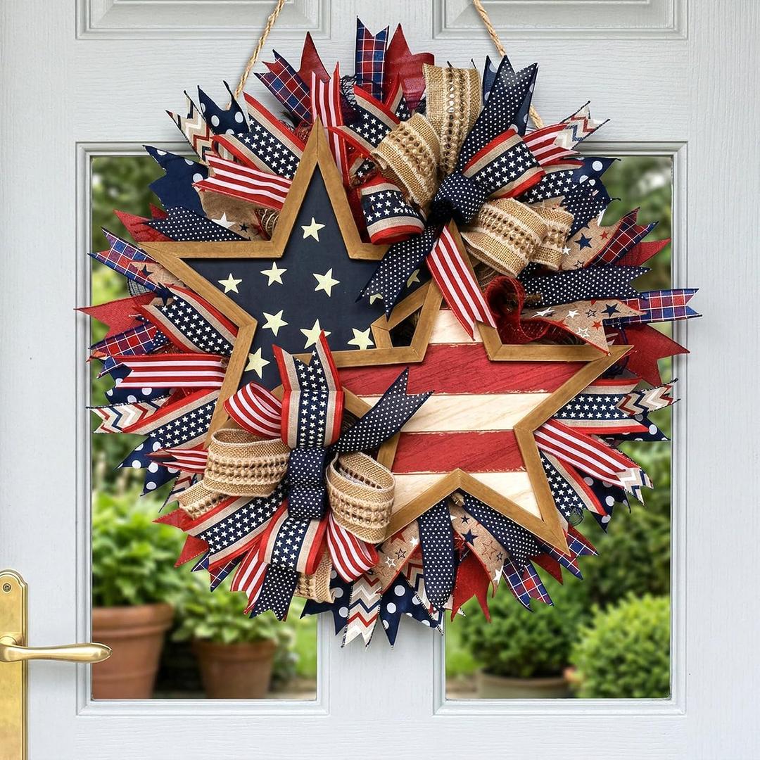 15.7 Inch Patriotic Wreaths for Front Door, 4th of July Outdoor Decorations, Red White and Blue Weather, Handcrafted Memorial Day Wreaths, Festival Celebration USA Flag Printed Wreath