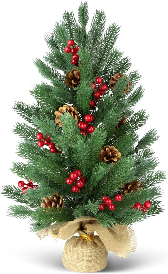 24 Inch Pre-lit Christmas Pine Tree, 2FT Small Table Top Xmas Tree with 50 Warm White Lights, Battery Power Tabletop Tree with Timer, 55 Pines, 10 Pinecones, 70 Red Berries for Winter Home Decorations (Green)