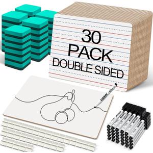 30 Pack Small White Boards, 9"x12" Double Sided Personal Dry Erase Boards Portable Handheld Whiteboards with Lines for Kids, Students, Teacher School, Include 30 Markers, 30 Erasers