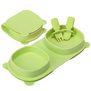 Silicone Foldable Novelty Dinner Plates, Suction Plates for Baby Travel Essential with Forks and Spoons, Microwave & Dishwasher Safe, Green