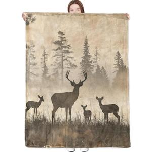 Vintage Deer Blanket Nature Wildlife Art with Rustic Forest Silhouette Throw Blankets Lightweight Flannel Throws for Camping Couch Chair Bed Home Decor Gifts for Animal Lover,60x50inch
