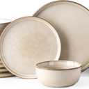 GBHOME Ceramic Dinnerware Sets for 6, 18 Pieces Stoneware Plates and Bowls Sets, Scratch Resistant Dishes, Dishwasher & Microwave Safe, Reactive Glaze-Cappuccino