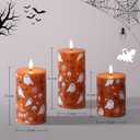 Burnt Orange Halloween Flameless Pillar Candles with Remote, Ghost LED Wax Candles Battery Operated Set of 3