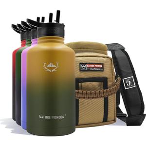 NATURE PIONEOR Insulated Water Bottles with Straw - 64oz Stainless Steel Vacuum Bottle with Holder/Carrier/Sleeve - Reusable 18/8 Food Grade Thermos Water Jug (Forest Green)