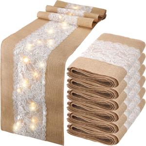 Xinnun 6 Pack Burlap Table Runner with LED String Lights, Modern Rustic Lace Natural Vintage Boho Jute Wedding Table Decor for Farmhouse Thanksgiving Christmas(Modern Neutral,12x70 Inches)