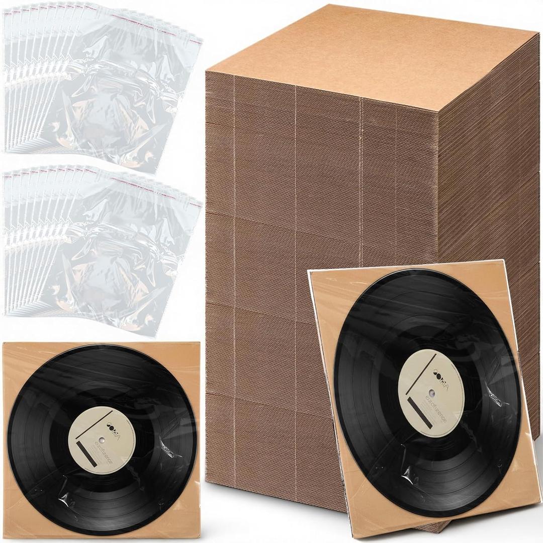 100 Pack 12 x 12 Inch Corrugated Lp Insert Pads with 100 Self-adhesive Bags, Vinyl Record Album Mailer Filler Protective Pads for Shipping Packing Mailing Crafts