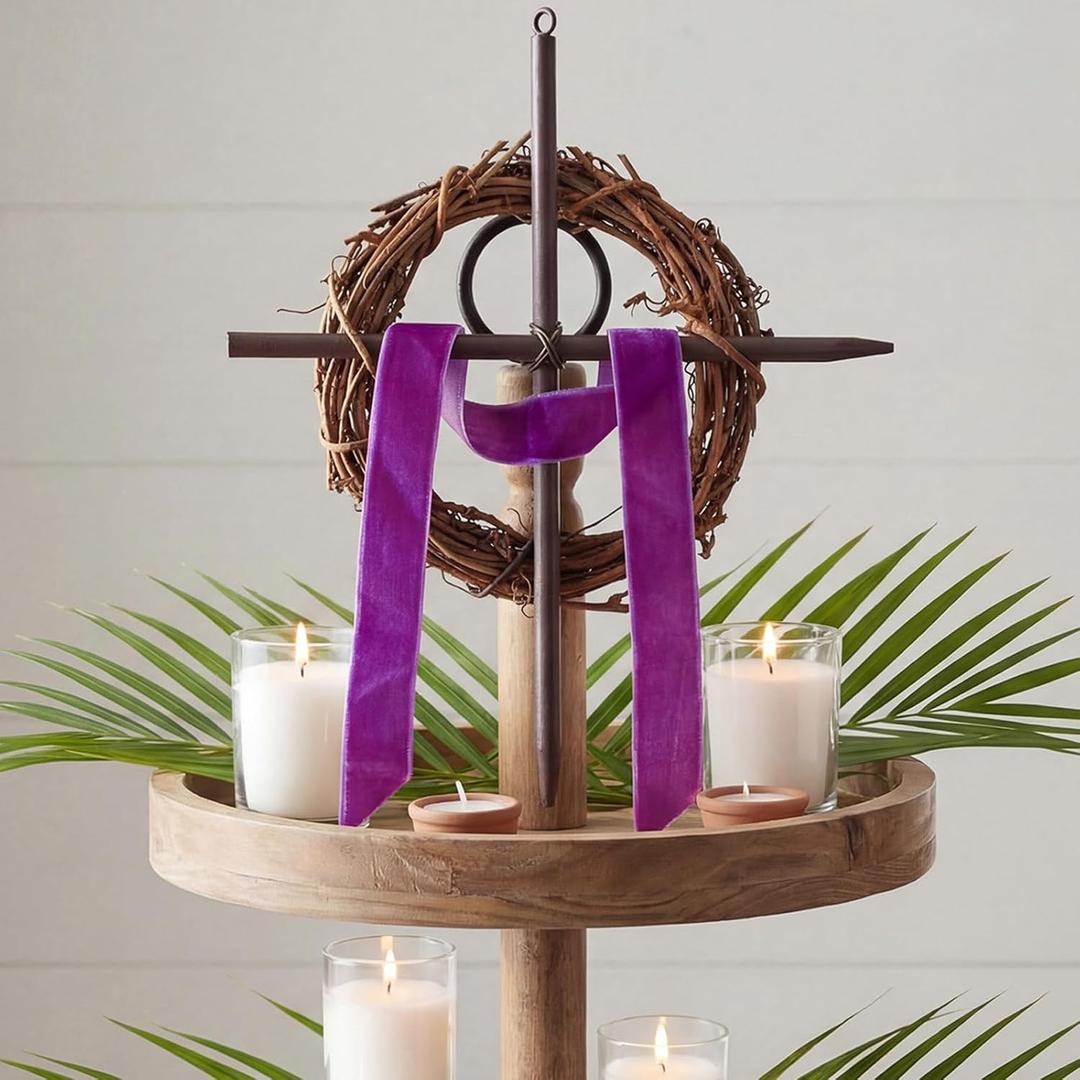 Dingion Lent Mini Crown of Thorns Nail Cross Wreath Decor Holy Thursday Easter Purple Velvet Ribbon 7in Christian Catholic Cross Rustic Christian Grapevine Thorns Crown for Lent Holy Week Church Home