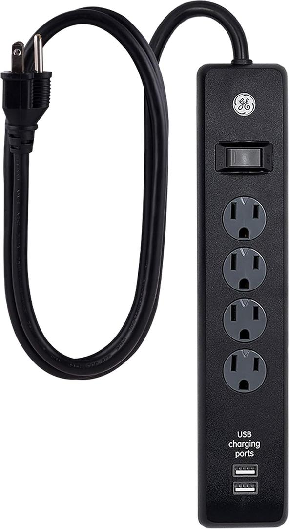 GE 4-Outlet Surge Protector, 2 USB Ports, 3 Ft Power Cord, 450 Joules, Twist to Lock Safety Covers, Automatic Shutdown Technology, Circuit Breaker, UL Listed, Black, 36189