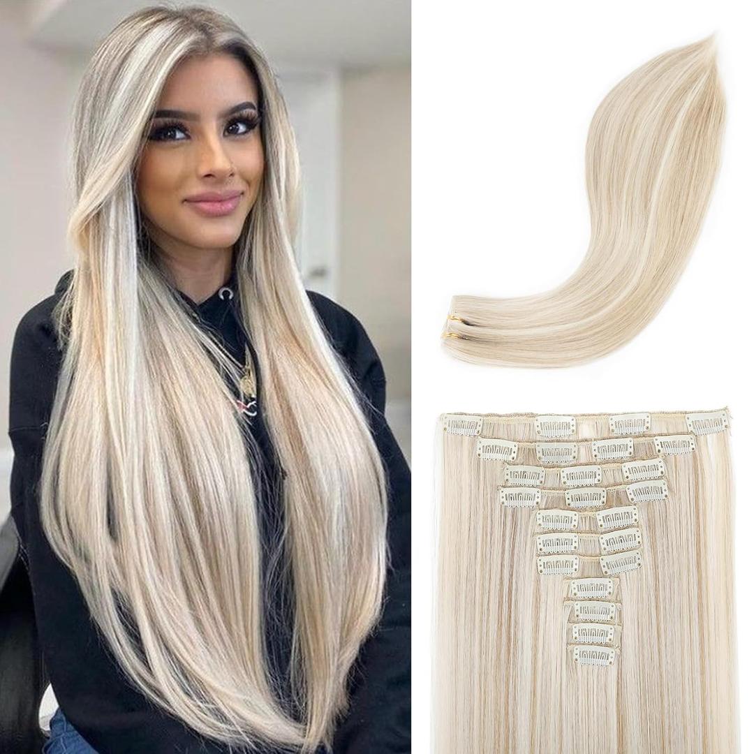 REECHO Hair Extensions, 11PCS Clip in Hair Extensions 24" Long Straight hair extensions HE005 Natural Soft Synthetic Hairpieces for Women Ash Blonde with Highlights