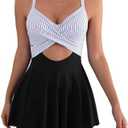 B2prity Women Cutout One Piece Skirt Swimsuit V Neck Wrap Tie Back Swimdress Tummy Control Bathing Suits, M, White Stripes & Black