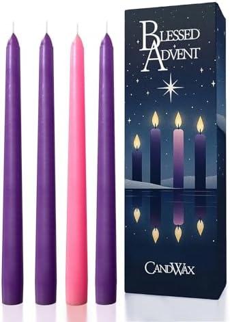 CANDWAX 10 Inch Advent Taper Candles Set of 4 - Long Burning Dripless Unscented Tapers - Perfect for Advent Wreaths, Christmas Décor - 3 Purple Tapers, 1 Pink Tapered Candle