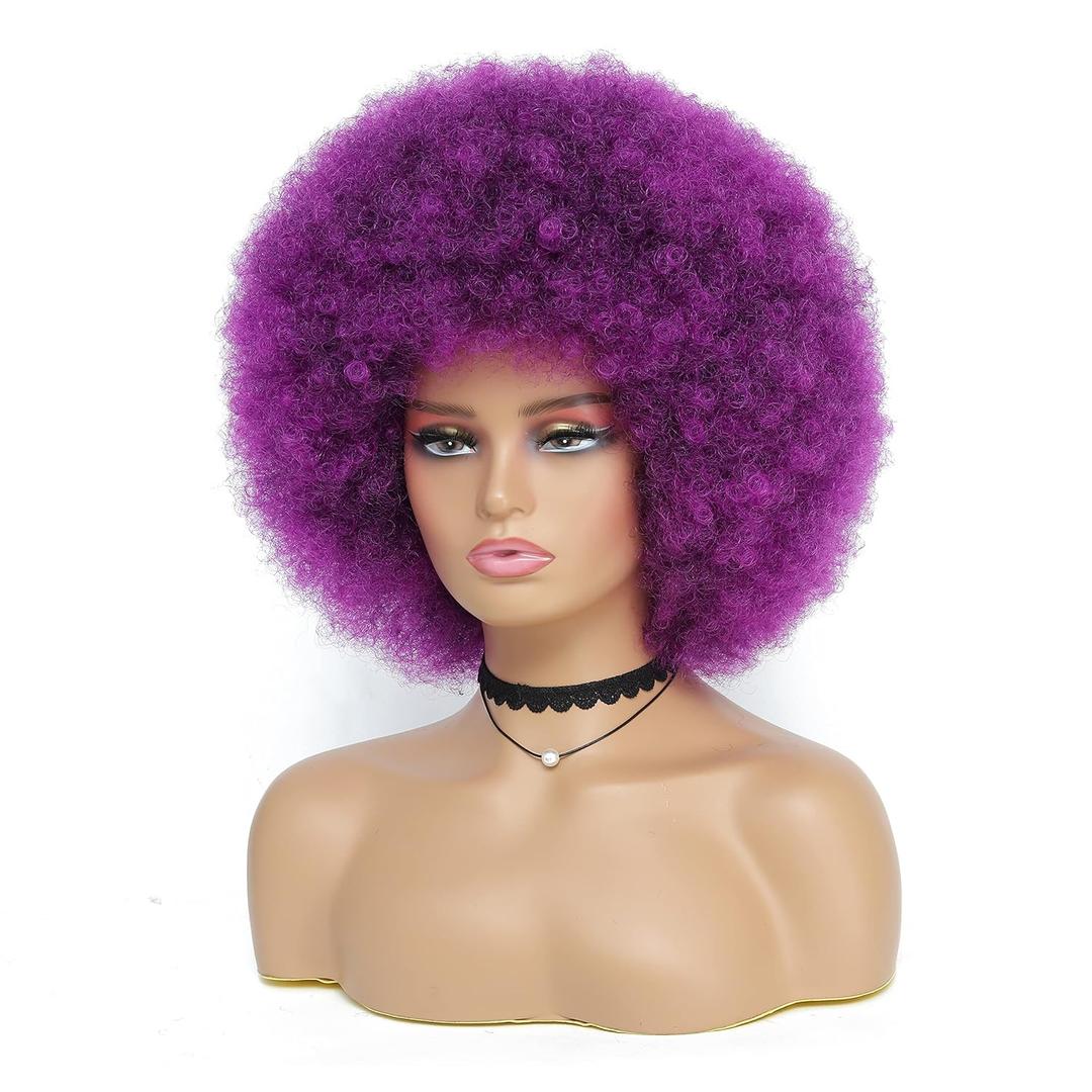70s Afro Kinky Curly Wig For Women, Purple, Synthetic Fibers, Soft, Bouncy, Natural Looking, With Bangs