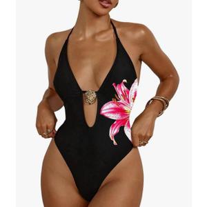 WDIRARA Women's One Piece Swimsuit Floral Deep V Neck Halter Monokini Sexy Cutout High Cut Bathing Suit, Large