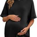 Tankaneo Womens Maternity T Shirts Oversized Short Sleeve Tunic Tops Casual Summer Loose Fit Crewneck Pregnancy Clothes (Black, M)
