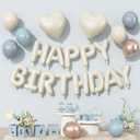 Happy Birthday Balloon Banner Cream Blue, 16 Inch Beige Mylar Letters Heart Foil Dusty Slate Blue White Sand Metallic Champagne Gold Balloons Boho Neutral Birthday Decorations for Girls Women Boy Men
