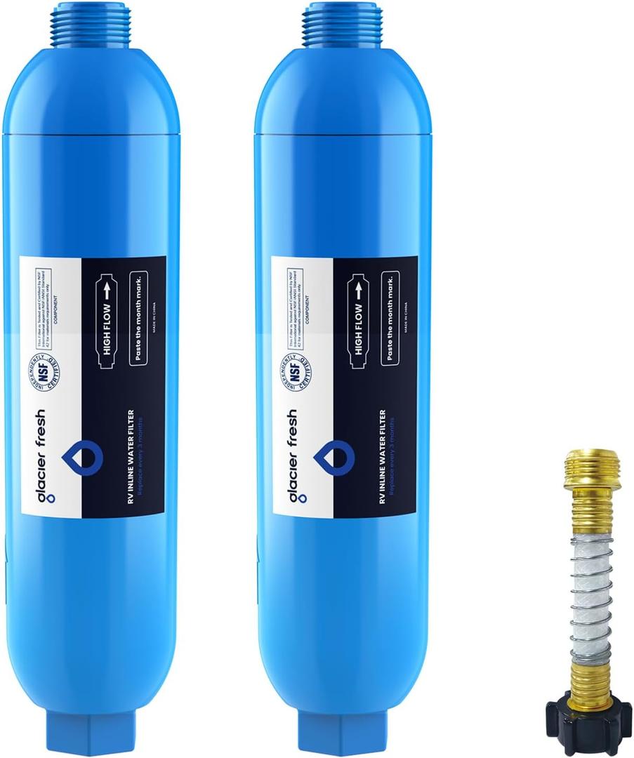 GLACIER FRESH RV/Marine Water Filter with 1 Flexible Hose Protector, Greatly Reduces Bad Taste, Odors, Chlorine and Sediment in Drinking Water, 2 Pack (Blue)