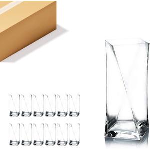 WGV Twist Bouquet Vase Bulk, 4" W, 10" H, Clear Square Block Gathering Hurricane Glass Floral Container, Centerpiece, Home Wedding Event Decor, 12 Pieces(VUT0410)