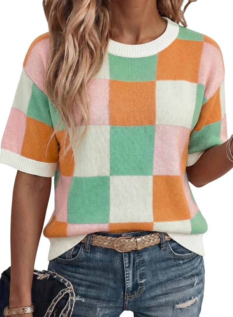 Dokotoo Women's Sweaters Casual Creweck Short Sleeve Cotton Kint Summer Pullover Sweater Tops (S)