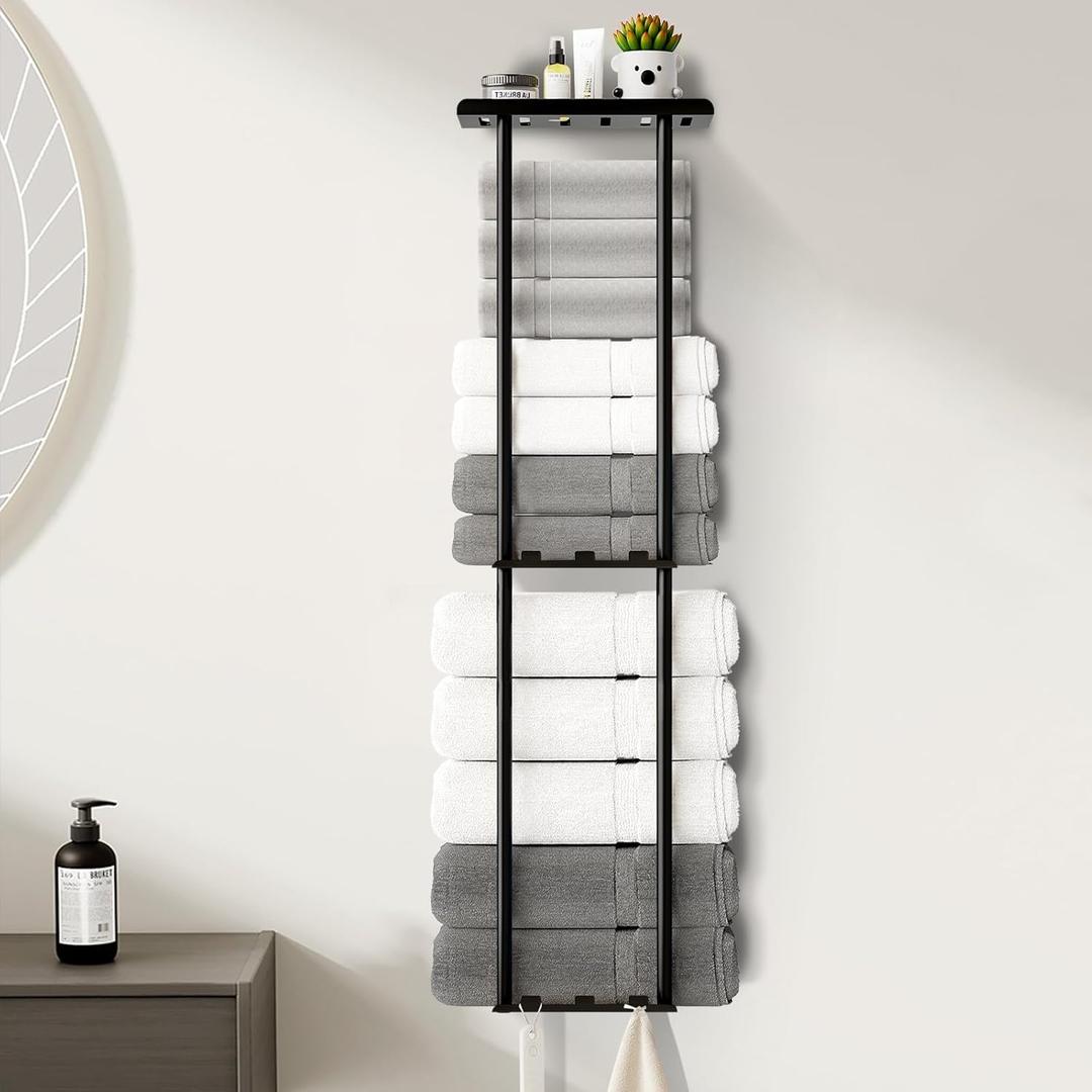 Towel Racks for Bathroom, 36.6 inch Metal Towel Storage, 8 Large Bath Towels Capacity, 3-Tier Towel Holder for Bathroom, with Shelf & 6 Hooks, Wall Mounted Towel Rack for Rolled Towels, Black, 36.6 in-Large / 3Tier