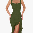 BORIFLORS Women's Sexy Ruched Bodycon Midi Dresses Square Neck Sleeveless Ruffle Hem Club Party Tank Dress, Size-XS