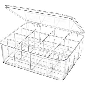 Adjustable Sock Underwear Drawer Organizer Dividers, 16 Grid Clear Tea Bag Holder with Lid, Removable Divided Tie Organizer Box, Plastic Storage Bin for Scarves Bras