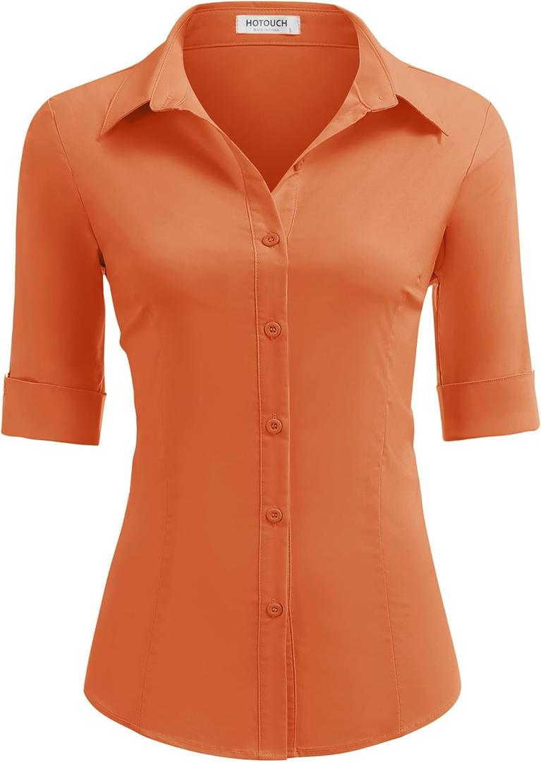HOTOUCH Women's Basic Button Down Shirts 3/4 Sleeve Stretch Button Up Dress Shirt Slim Fit Waitress Work Shirts (Medium, Orange)