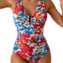 B2prity One Piece Swimsuit for Women Tummy Control V Neck Bathing Suit Ruched Slimming Swim Suit Push Up Swimwear (X-Large, Red Floral Print)