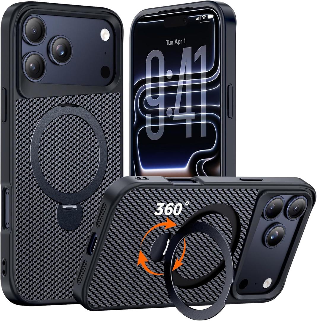 Designed for iPhone 17 Pro Max Case with 360 Magnetic Stand, Carbon Fiber Phone Case [Compatible with Magsafe] [15FT Military Protection] with Stand Ring 6.9'', Black