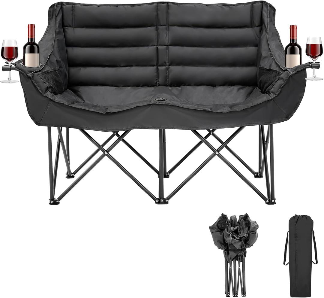 Double Camping Chair for Adults, 2 Person Loveseat Camping Chair with Cup & Wine Glass Holder, Portable Padded Double Folding Chair for Outdoor Camp Lawn Picnic Sports, Support 600LBS (Black)