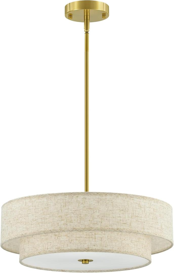 VONLUCE Modern Chandeliers, 18" Drum Chandeliers with 2-Layer Fabric Shade, 4-Light Pendant Light Fixture with E26 Bases, Light Fixture for Dining Room Bedroom Living Room, Linen Shade & Brass Finish (Brushed Gold)