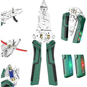 14-in-1 Wire Stripping Pliers, 2026 New Rechargeable Wire Strippers Tool with Voltage Tester&Alarms, Detectable 12-250V, Heavy-Duty Electrical Pliers & Wire Cutters for Professional and Home Use (Green)