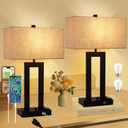 Modern Table Lamps Set of 2-22" Tall Bedside Lamps with USB-C/USB-A Charge Ports & Outlet, Stepless Dimmable Fabric Cream Shade Nightstand Lamps for Bedroom & Living Room