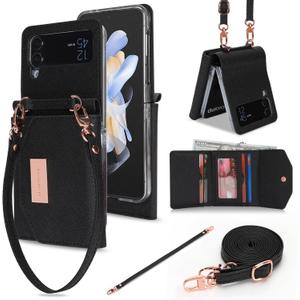 Phone Case for Samsung Galaxy Z Flip 4, Crossbody Wallet Phone Cover with Card Holders Cash Slot Wristlet Strap, Fashion Leather Handbag Flip 4 Phone Case for Women Girls (Black)