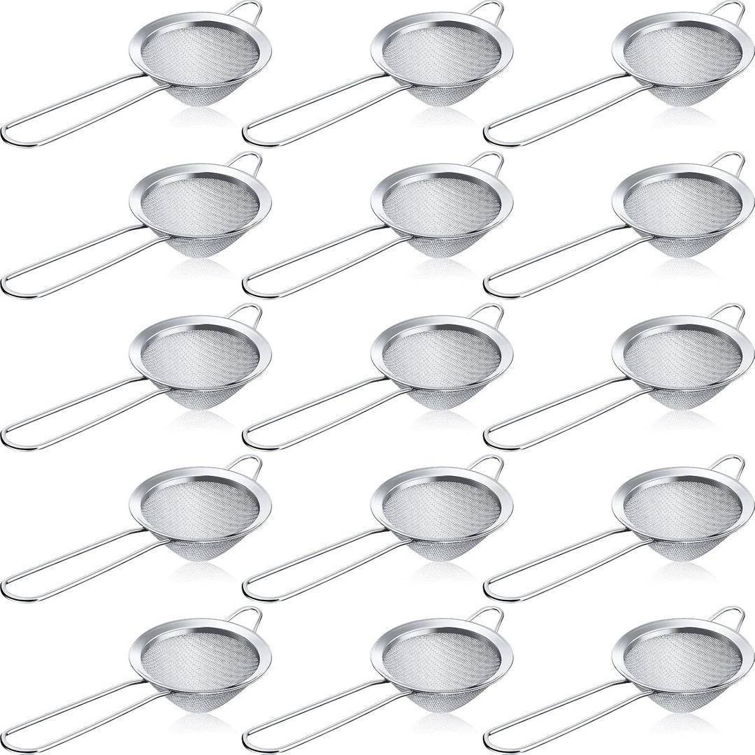 Yungyan 15 Packs Fine Mesh Small Strainer 3.3" Cocktail Strainer Stainless Steel Tea Strainers Mini Sieve Sifter for Juice, Tea Herbs, Coffee Drinks, Long Handle(Silver)