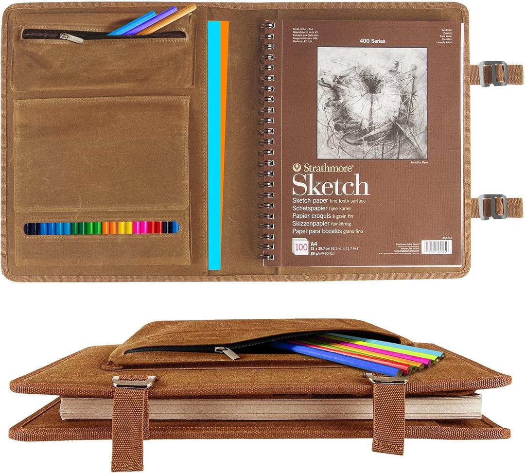 Plinyvel Sketchbook Cover for Travel with Pencil Holder - Waxed Canvas Organizer Compatible with 9x12 Sketch Book & 8.5x11 Spiral Pad | Art Supply Storage for Drawing Pens, Pencils (Brown)