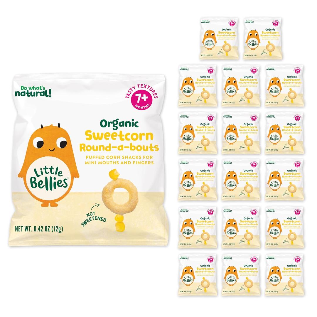Little Bellies Organic Round-a-bouts Baby Snack, Sweetcorn, Pack of 18 (Pack of 18 x 0.42 oz Individual Packs) (EXP 09/15/26)