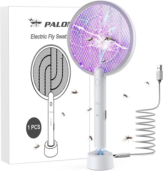 PALONE Electric Fly Swatter 4000V Bug Zapper Racket 2 in 1 Fly Swatter with 1200mAh Battery Rechargeable Mosquito Killer Lamp with 3 Layers Safety Mesh for Indoor and Outdoor