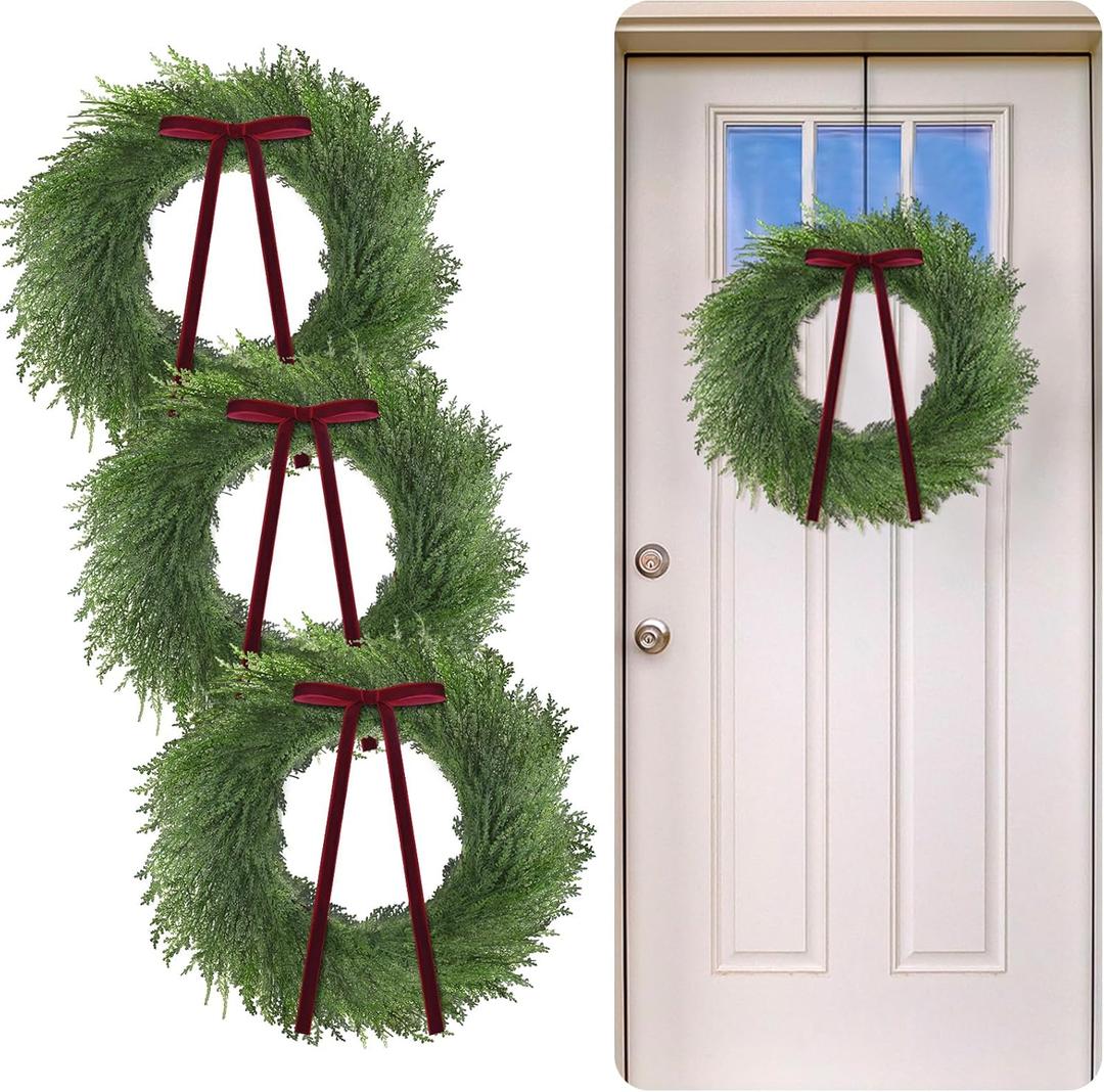 3 Pcs 20 Inch Christmas Cedar Wreath Artificial Greenery Wreath Winter Farmhouse Holiday Decoration with Red Ribbon Bow for Front Door Window Xmas Indoor Outdoor Home Decoration