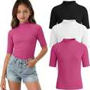 LessonZoo 3 Pack Girls' Shirts Teen Summer Tops Mock Turtleneck Slim Fit Ribbed Half Sleeve Fashion Tees Kids Clothes Trendy(Rose Pink, White, Black,11-12 Years)