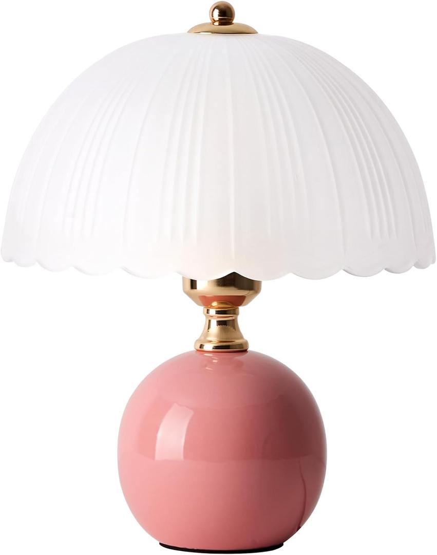 Flashine Ceramic Table lamp, Modern Bedside Lamps Pink Mid Century Vintage Desk Lamp Retro Glass Mushroom Traditional Lamp for Nightstand Living Room Bedroom Home Decor