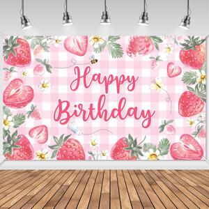 Avezano Strawberry Happy Birthday Banner Girls Pink Strawberry First Birthday Decorations Sweet One Strawberry Theme Birthday Decor for Kids Girls Womens Adults 70.8 x 43.3 Inch