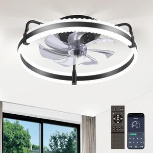 Ceiling Fan with Lights, 20'' Low Profile Ceiling Fans, 3000-6500K Dimmable Fandelier LED Fan Light, Black Modern Flush Mount Ceiling Fan, 6 Speeds Reversible DC Motor Noiseless for Bedroom, Kids Room